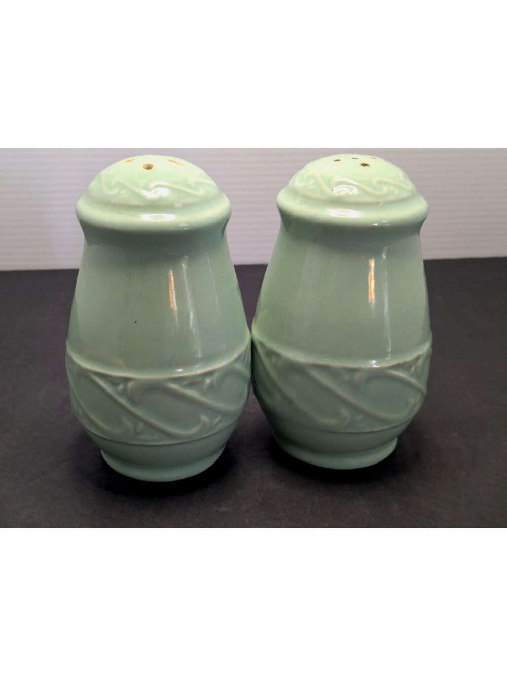 Vtg. Ceramic Salt & Pepper Shakers Embossed Cork Stoppers Pastel Blue Glaze